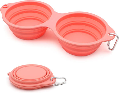 SLSON Collapsible Dog Bowls,Integrated Molding Dog Double Bowl No Plastic Rim 2 in 1 Foldable Pet Food & Water Bowl Cat Feeder Dish for Walking,Hiking,Camping (Coral Pink)