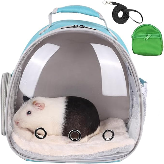 Portable Guinea Pig Backpack with Small Bag Harness and Leash Set, Space Capsule Bubble Pet Carrier Cage Travel for Rabbit, Bearded Dragon, Sugar Glider (Green, Backpack+Bag)