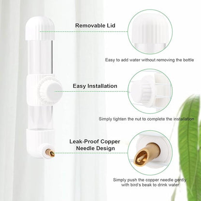 Hypeety Leak-Proof Bird Water Bottle for Cage Clear No Spill Automatic Parrot Water Dispenser with Spring Valve for Small Parrots Budgies Finches Cockatiels Lovebirds (White, 7.4 oz/220 ml)
