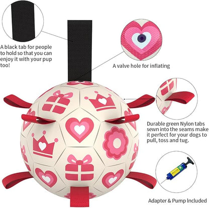 QDAN Pink Dog Toys Soccer Ball with Straps, Interactive Tug of War Toy, Puppy Birthday Gifts, Water Toy, Durable Dog Balls for Medium Large, Valentines Gift (8 Inch)