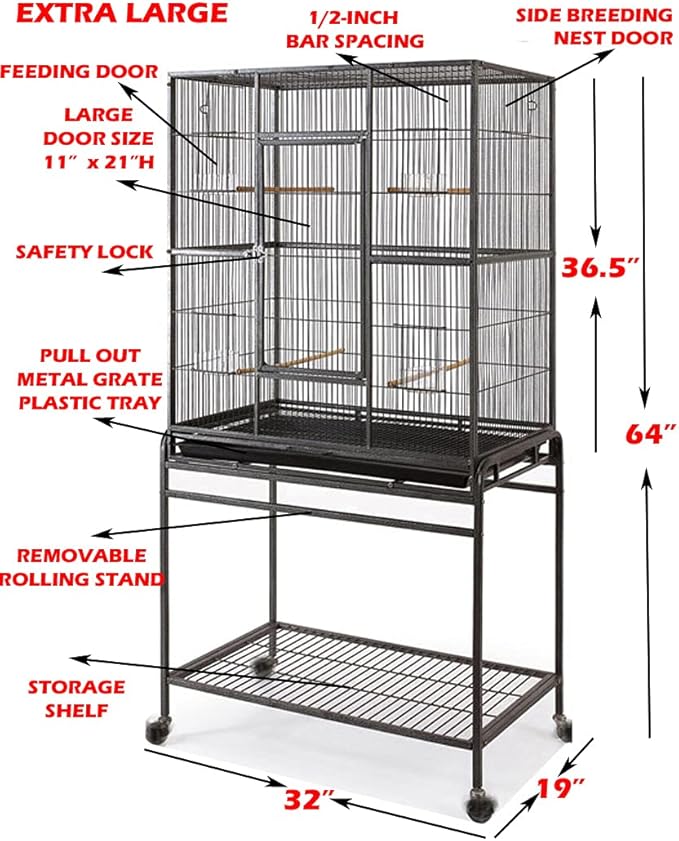 Pet Products 64" Extra Large Wrought Iron Breeding Bird Flight Home Cage Side Nesting Box Doors Tight 1/2-Inch Bar Spacing with Removable Rolling Stand