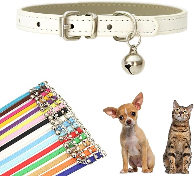 White Small Dog Collar with Bells, Faux Leather Puppy Collar with Bells Pu Basic Girl Dog Collars for XXS XSmall Small Medium Pet Female Dogs Little Cats Tiny Animal, S
