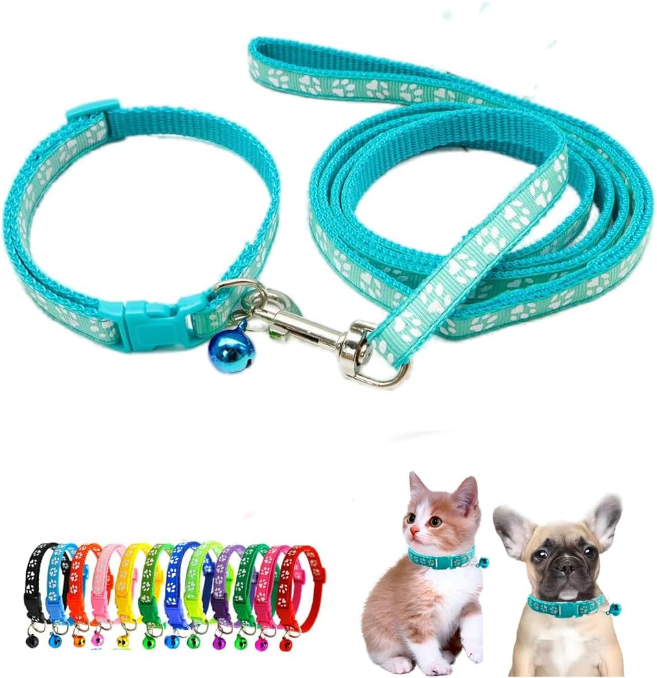 Puppy Collar with Bell Leash Set, Nylon Basic Reflective Girl Dog Collar Paw Print for XXS Xs Small Cat Pet Animal Litter Tiny Kitten,Mint Green