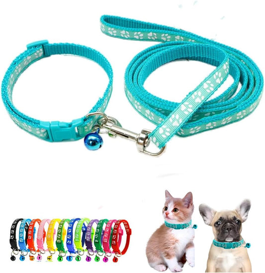 Puppy Collar with Bell Leash Set, Nylon Basic Reflective Girl Dog Collar Paw Print for XXS Xs Small Cat Pet Animal Litter Tiny Kitten,Mint Green