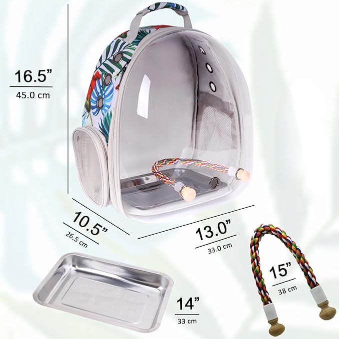 Bird Traval Carrier Cage, Clear Space Capsule Astronaut Backpack to Carry Parakeet Cockatiel Parrot with Metal Tray Wood Perch, Vet Transport Book Bag Floral Printed