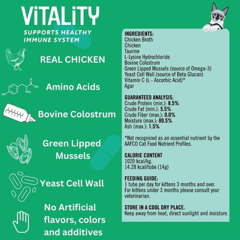 Kitty Up Lickable Cat Treats - Vitality Chicken Puree Squeeze Tubes with Lysine, Taurine & Beta Glucan | Immune Support for Indoor Cats (12 Pack)