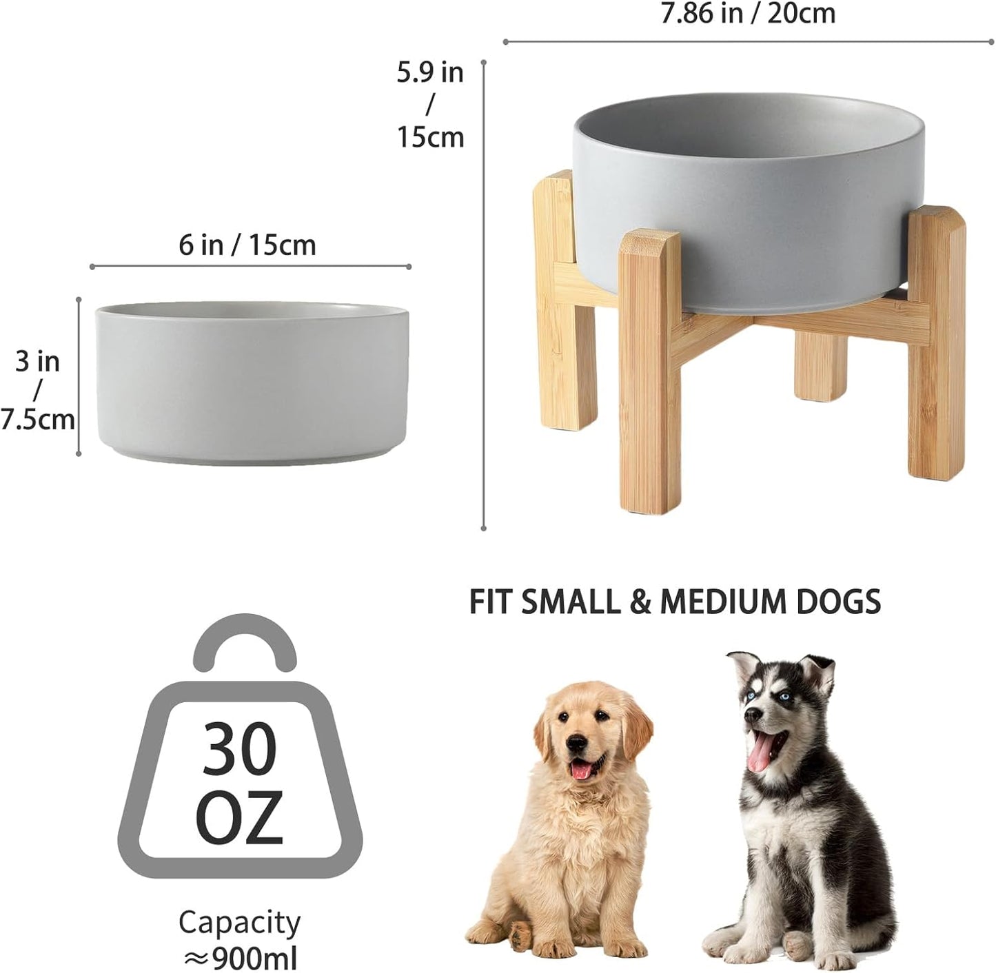 6'' Ceramic Raised Dog Bowl - 30Oz Dog Food & Water Bowl with Elevated Non-Slip Bamboo Stand, Dishwasher & Microwave Safe, Anti Vomiting Heavy Duty Pet Bowl for Small and Medium Dogs, Grey