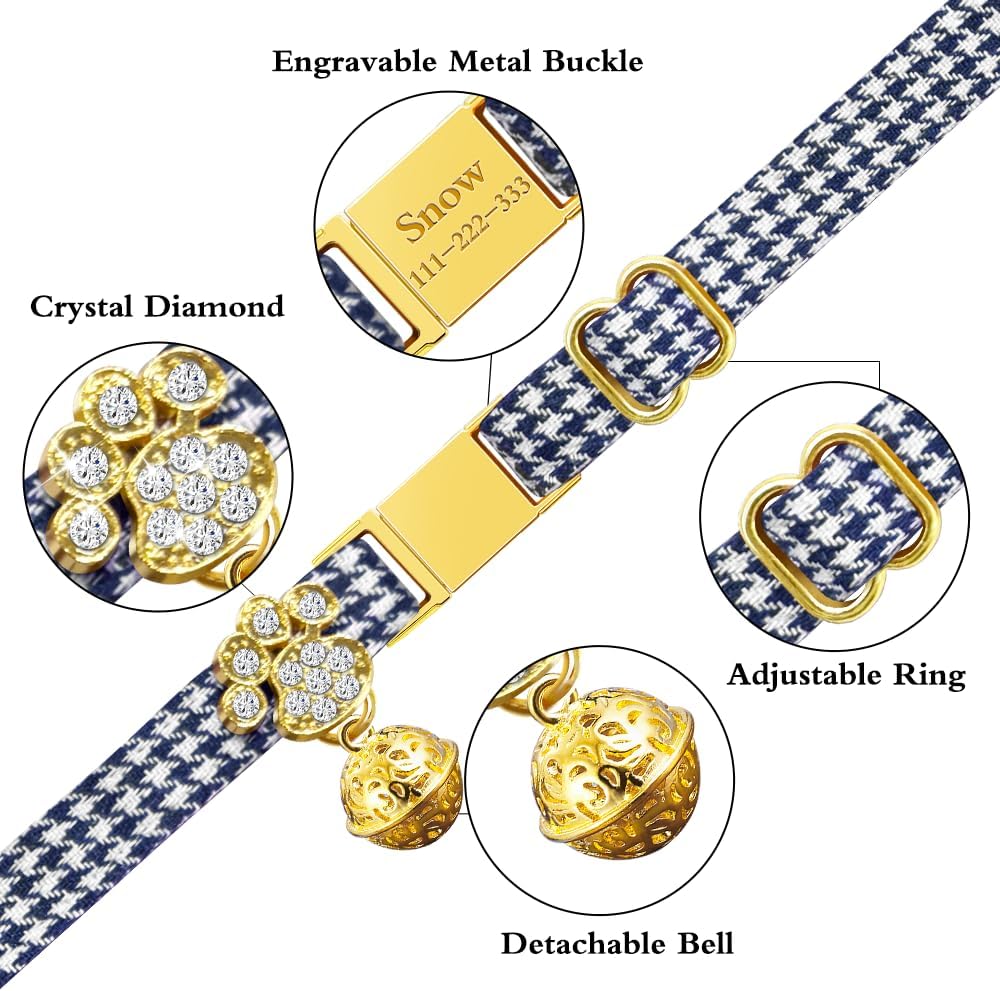 Personalized Breakaway Cat Collars - Magnetic Buckle, Bell - Safety Quick Release, Customized for Girls & Boys Cats- (Houndstooth-Navy)