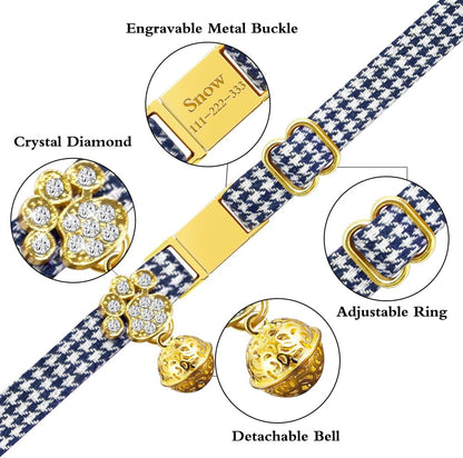 Personalized Breakaway Cat Collars - Magnetic Buckle, Bell - Safety Quick Release, Customized for Girls & Boys Cats- (Houndstooth-Navy)