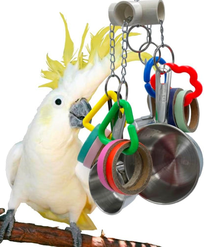 Stainless Steel Chewable Parrot Toys with Pullable Pots, Cardboard Rings - Durable Bird Toys for Medium and Large Parrots Amazons, Mini Macaws, African Greys, Cockatoos, Eclectus