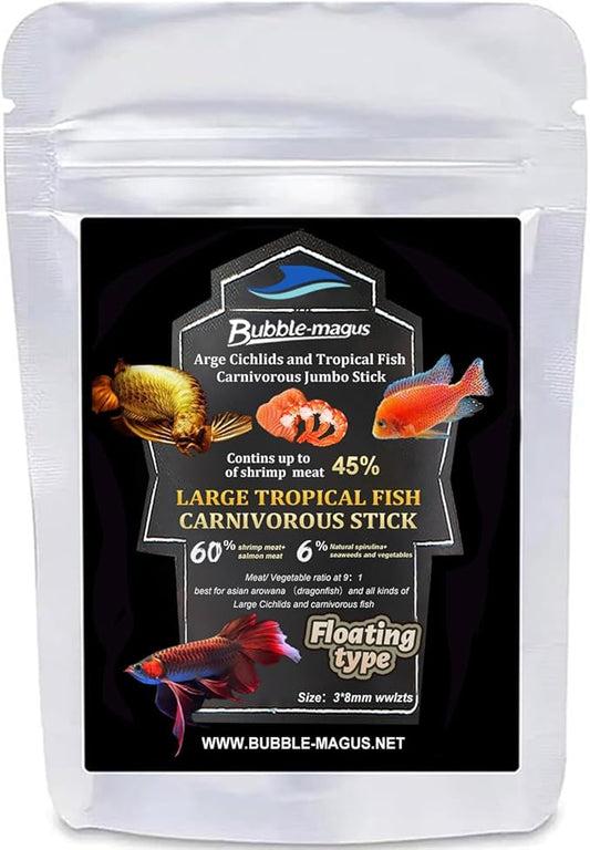 Bubble Magus Monster Fish Food, 60% Shrimp Meat and Salmon Meat, Floating Sticks for Pufferfish. Oscars, Bass, Large Cichlids and Tropical Fish, Carnivorous Jumbo Stick (5 Ounce)