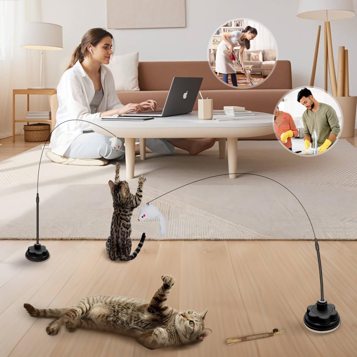 Suction Cup Cat Toys for Indoor Cats,3 in 1 Interactive cat Toys for Indoor Cats,Self Play or Handheld,Feathers & Bells,Realistic Toy Mouse and Silvervine Sticks(Pink)