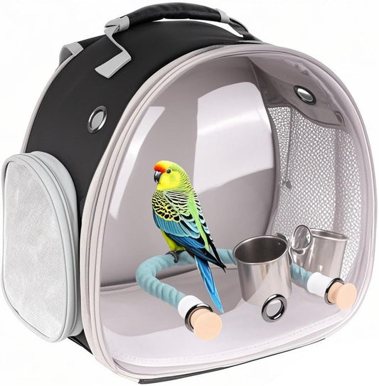 halinfer Small Bird Travel Backpack Carrier Cage with Cups, Backpack to Transport Backpack Carrier with Clamp Cups Stand Perch for Parakeet Cockatiel Budgies Vet Carry Book Bag Black