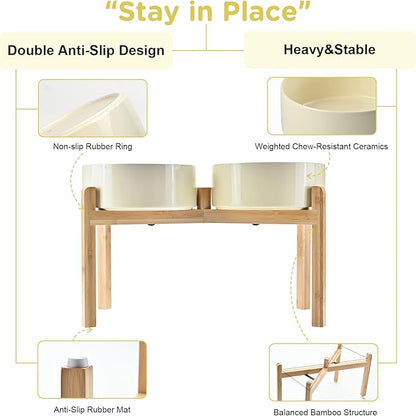 SPUNKYJUNKY Elevated Dog Bowls Ceramic, 8.3'' Dogs Food Water Bowls Raised with Non-Slip Bamboo Stand for Large Sized Breed Microwave Dishwasher Safe - 60 OZ,Beige