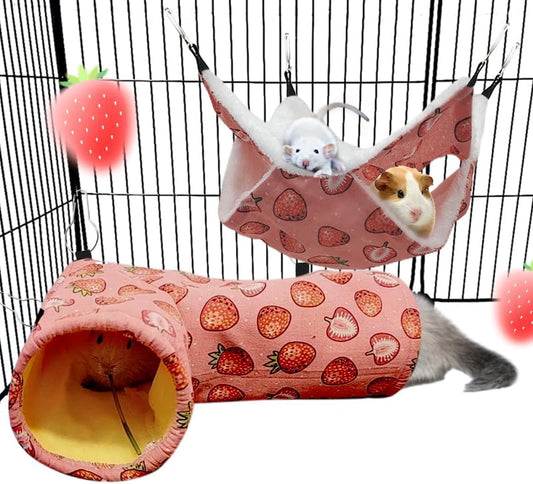 Rat Ferret Hammock Toys Cage Accessories, Guinea Pig Hideout Tunnel, Warm Bed for Rat Ferret Guinea Pig Sleep Hide and Play (1.Hammock+Corner Tunnel)