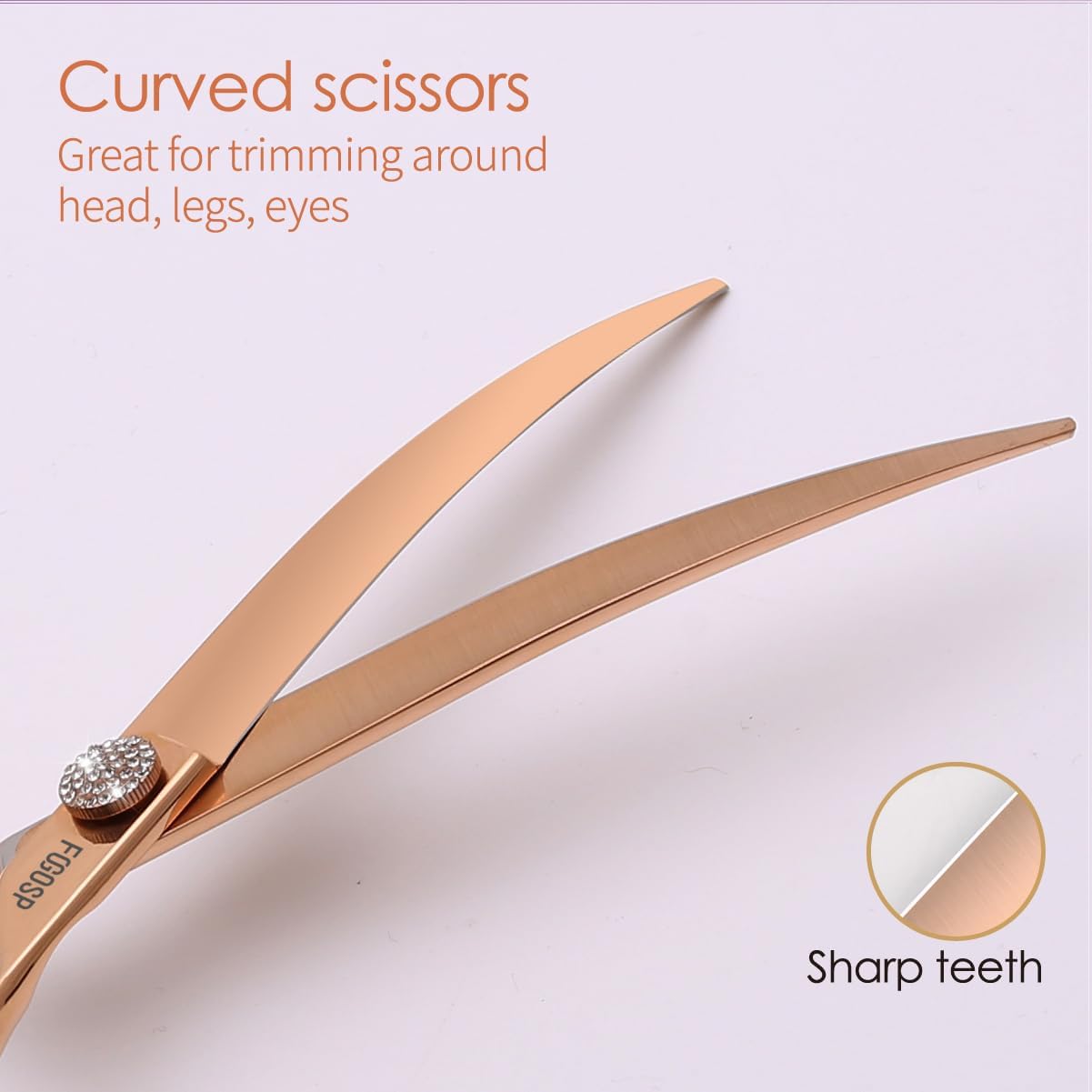 Rose Gold Titanium Dog Grooming Scissors Set 4PCS Curved Thinning Straight Chunkers Shears Kit with White Artificial Diamonds Ergonomic Offset Handle Japan 440C Sharp and Durable