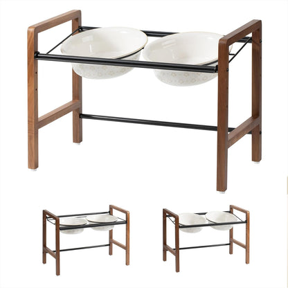 8.7inch Ceramic Adjustable Raised Double Bowls Set with Stand, 3 Heights Elevated, 2 Placement Options, Food and Water Dishes for Large Dog(Double Bowls+Stand, Reactived Glaze -White)