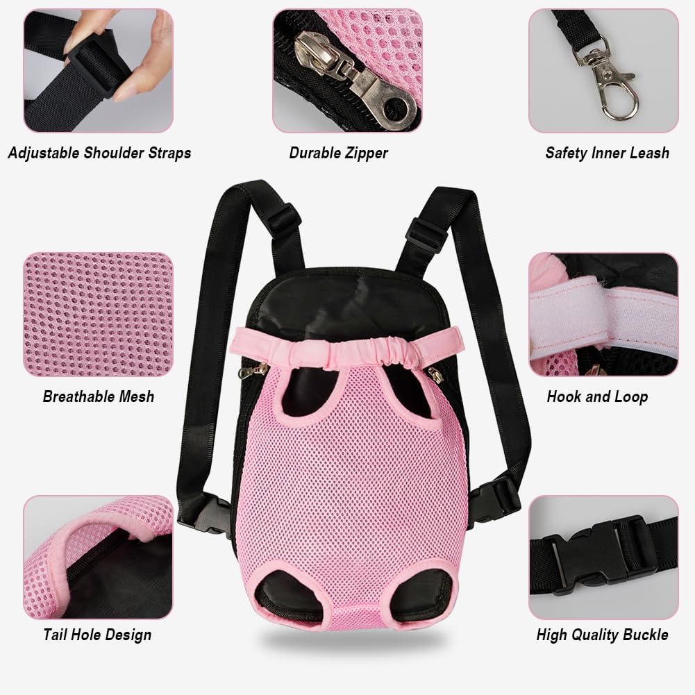 FEimaX Dog Carrier Backpack Pet Legs Out Front Cat Travel Bag, Adjustable Puppy Backpacks Carriers Hands-Free for Small Medium Dogs Cats Hiking Traveling Camping Daily Walking (Small, Pink)