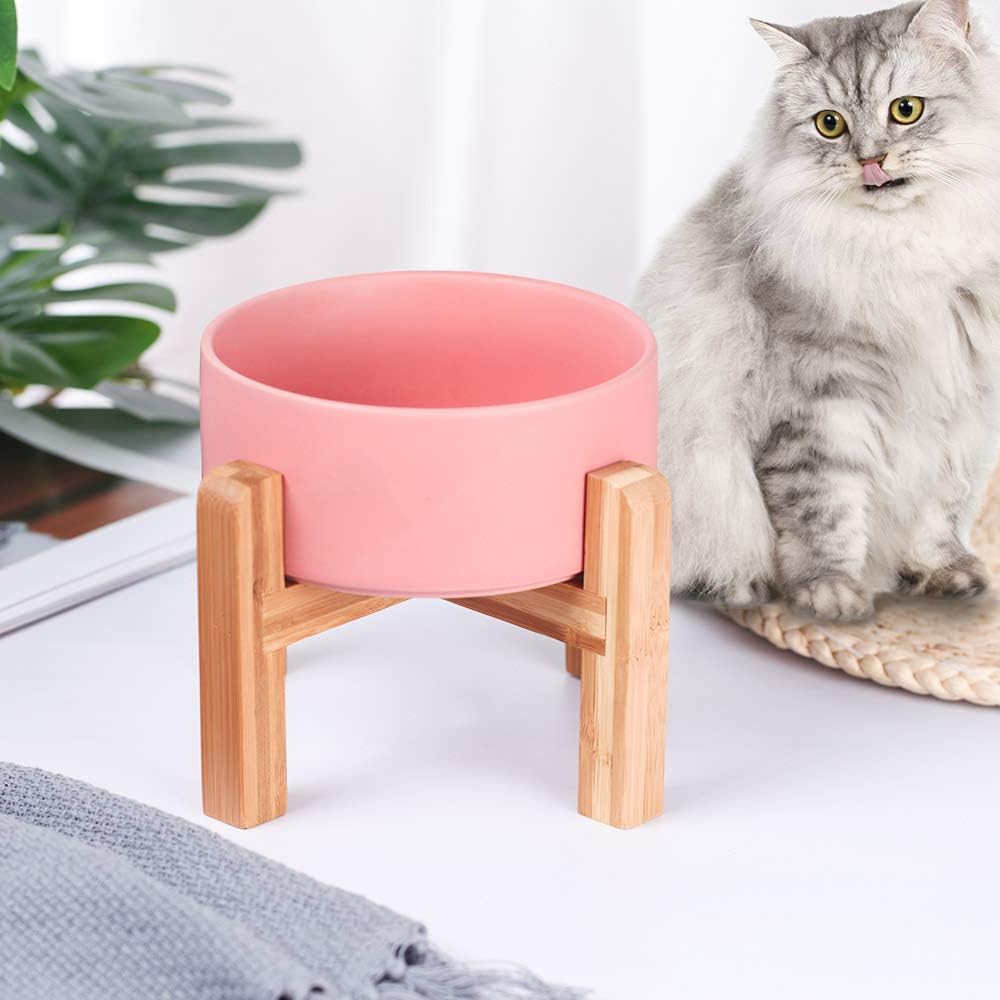 Pink Ceramic Elevated Raised Cat Bowl with Wood Stand No Spill Pet Food Water Feeder Cats Small Dogs