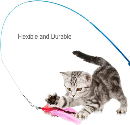 Cat Toys Feather Toy, 2PCS Retractable Wand and 10PCS Replacement Teaser with Bell Refills, Interactive Catcher and Funny Exercise for Kitten.