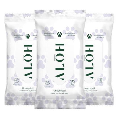 ALŌH Hypoallergenic | All-Natural | Multi-Purpose Pet Wipes, Unscented 50ct Wipes | 3 Pack of 50ct Wipes (150 Wipes)