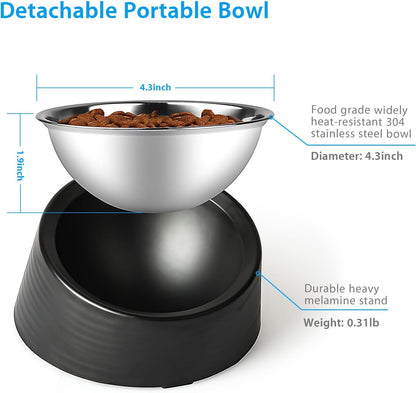 Slanted Small Cat Food Bowl 0.5 Cup, 15° Tilted Stainless Steel Mini Dog Puppy Food Bowl, Non-Slip & Non-Spill Small Kitten Pet Feeder with Elevated Detachable Melamine Stand, Easy to Get Food