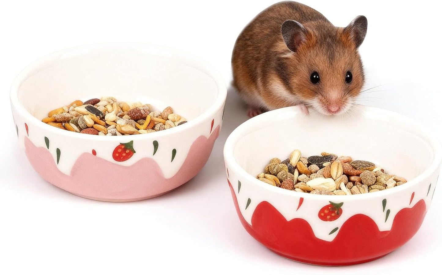 Wontee Hamster Food Bowl 2 Pack Ceramic Food Water Bowl Anti-Tipping for Dwarf Hamsters Gerbil Mice Hedgehog Guinea Pig (Red+Pink)