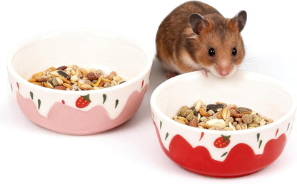Wontee Hamster Food Bowl 2 Pack Ceramic Food Water Bowl Anti-Tipping for Dwarf Hamsters Gerbil Mice Hedgehog Guinea Pig (Red+Pink)