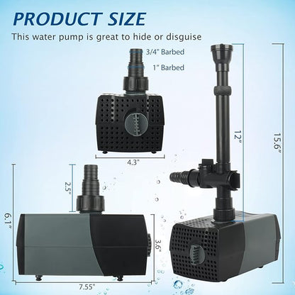 WaterRebirth HSUP4000F Versatile Submersible Pump - Fountain Jets for Ponds, Fish Tanks, Water Gardens - Aquarium & Pond Pump (4000L/H)