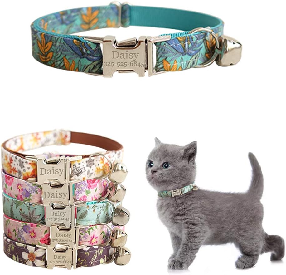 Personalized Cat Collar with Name Plate,Adjustable Tough Nylon Cat ID Collars with Bell,Customize Engraved Pet Name and Phone Number (Flower Style)