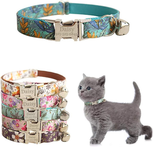 Personalized Cat Collar with Name Plate,Adjustable Tough Nylon Cat ID Collars with Bell,Customize Engraved Pet Name and Phone Number (Flower Style)