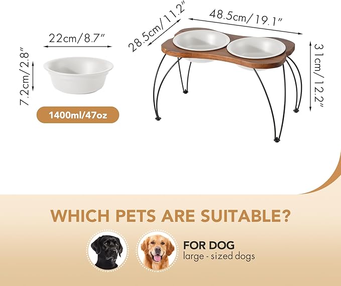 Ceramic 8.7-inch Raised Double-Bowl Set with Non-Slip Stand, Food & Water Dishes for Large Dogs, Wide Opening with Rounded Edges(Matt White)
