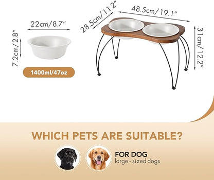 Ceramic 8.7-inch Raised Double-Bowl Set with Non-Slip Stand, Food & Water Dishes for Large Dogs, Wide Opening with Rounded Edges(Matt White)