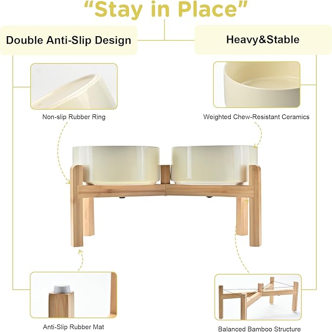 SPUNKYJUNKY Elevated Dog Bowls Ceramic, 7.3'' Dogs Food Water Bowls Raised with Non-Slip Bamboo Stand for Medium to Large Sized Breed Microwave Dishwasher Safe - 42 OZ,Beige