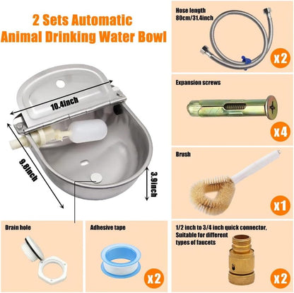 Automatic Animal Drinking Water Bowl with Float Valve and Drainage Hole, 304 Stainless Steel Livestock Dispenser Waterer Kits Included Water Hose, 3/4''Adaptor, Float Valves Mounting Bolts (2 Sets)