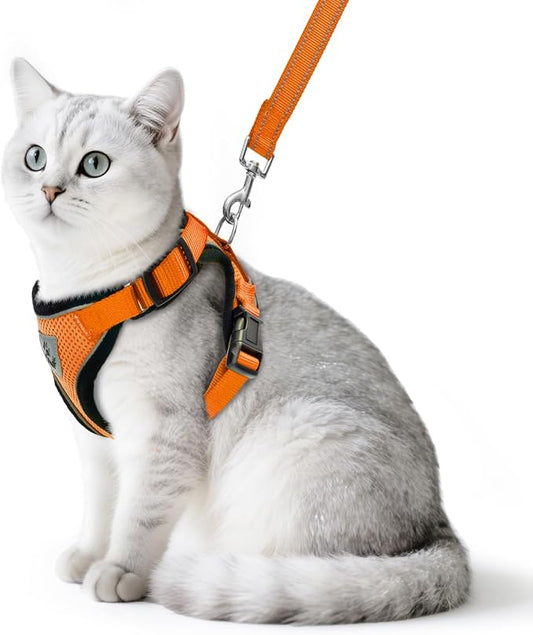 PUPTECK Cat Harness and Leash Set Escape Proof Reflective Cat Walking Harness Adjustable Soft Breathable Mesh Vest for Small Pets, Orange, M