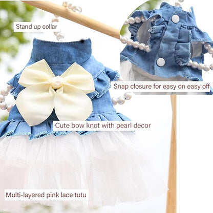ANIAC Blue Denim Dog Dresses for Small Dog Girl Spring Summer Puppy Clothes Fancy Dress for Dogs Cat White Lace Pet Tutu Outfit for Birthday Wedding Valentine(Large)