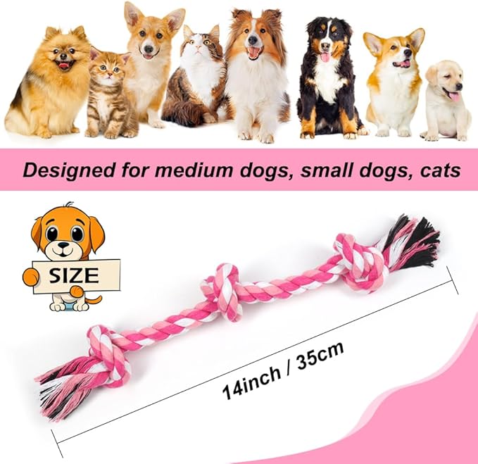 SZEE Dog Rope Toy, 14 in 3 Knots Chew Rope for Small Medium Dogs, Natural Cotton Pull Toy for Tug of War and Teeth Cleaning (Pink)