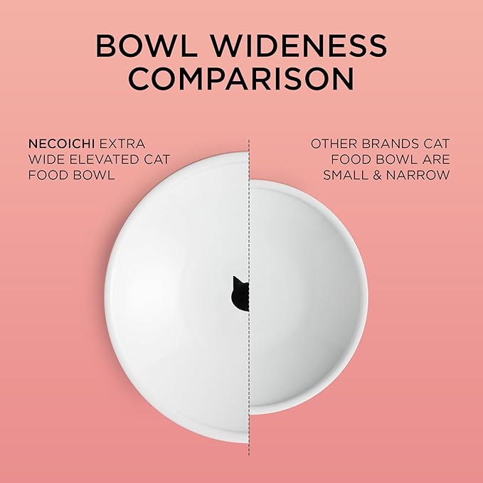 Necoichi Raised Cat Food Bowl – Ceramic Elevated Cat Bowl for Whisker & Neck Fatigue, Dishwasher Microwave Safe – Non-Slip & Anti Vomiting Ergonomic Design (Cats, Extra Wide)