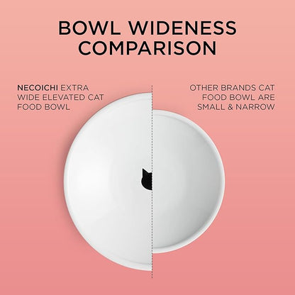 Necoichi Raised Cat Food Bowl – Ceramic Elevated Cat Bowl for Whisker & Neck Fatigue, Dishwasher Microwave Safe – Non-Slip & Anti Vomiting Ergonomic Design (Cats, Extra Wide)