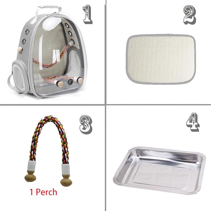 Bird Traval Carrier Cage, Clear Space Capsule Astronaut Backpack to Carry Parakeet Cockatiel Parrot with Metal Tray Wood Perch, Vet Transport School Bag
