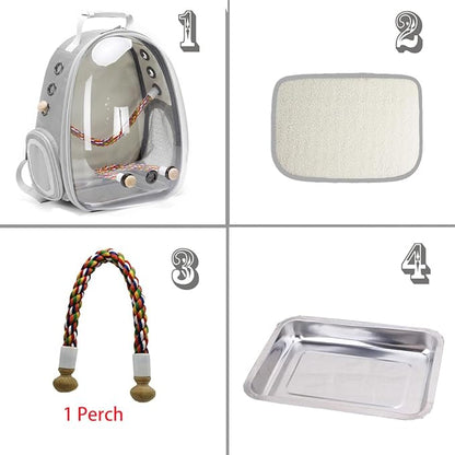 Bird Traval Carrier Cage, Clear Space Capsule Astronaut Backpack to Carry Parakeet Cockatiel Parrot with Metal Tray Wood Perch, Vet Transport School Bag