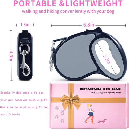 Retractable Dog Leash,[Strong Nylon Tape][One-Handed One Button Lock] for Small Medium Dogs and Cats,16ft Pet Walking Leash with 360°Tangle-Free Design,Anti-Slip Handle,Gift Package (Grey)