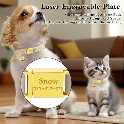 Personalized Breakaway Cat Collars - Magnetic Buckle, Bell - Safety Quick Release, Customized for Girls & Boys Cats- (Velvet-White)