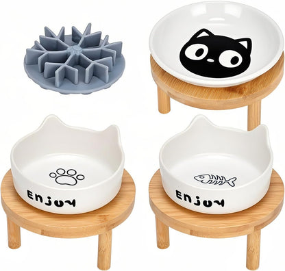 3PCS Elevated Cat Bowls,Wide Raised Ceramic Pet Dishes with Bamboo Stand, Whisker Friendly Pet Water or Food Plates Feeding Station for Indoor Small Dogs, Kitten (White(3PCS))