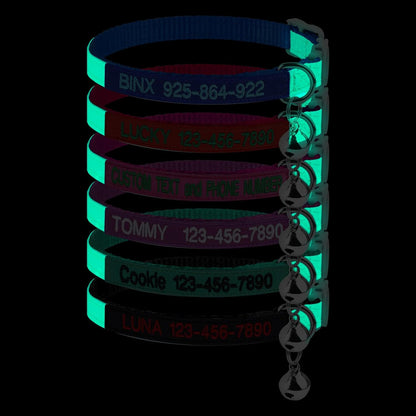 Personalized Nylon Cat Collar Breakaway with Bell, Custom Glow in The Dark ID Collar with Embroidered Name and Phone Number (Glow in The Dark)