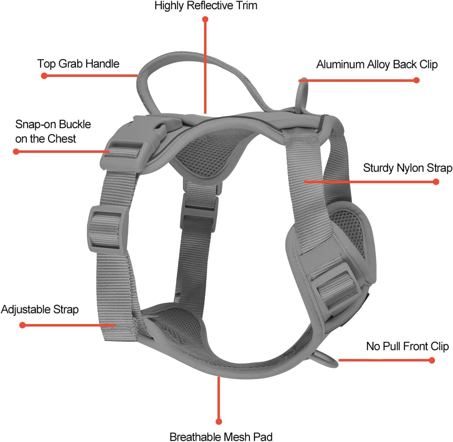 Petmolico Dog Harness for Small Dogs, Cute Harness Vest with Two Leash Clips and Soft Handle, Reflective Easy Walk Puppy Vest - Grey, Medium