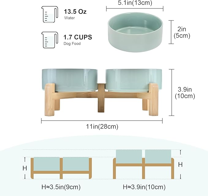 SPUNKYJUNKY Elevated Dog Bowls Ceramic, 5.1'' Dogs and Cat Food Water Bowls Raised with Non-Slip Bamboo Stand for Puppy Small Sized Breed Microwave Dishwasher Safe - 13.5 OZ,Light Green