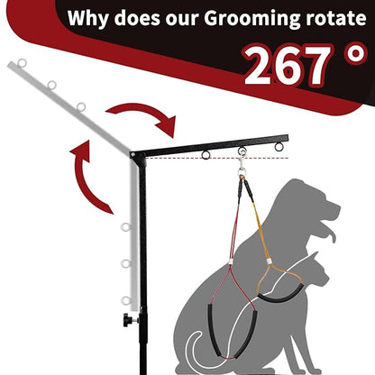 Dog Grooming Table Arm with Hammock - Adjustable Height, Pet Grooming Hammock, No Sit Haunch Holders, Loop Noose Heavy-Duty Clamp (Black)