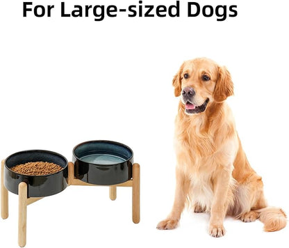 Ceramic 8.2inch Raised Dog Bowl with Stand for Large- Breed Dogs, Pet Food and Water Feeder (Double Bowl with Stand - Starry Sky)